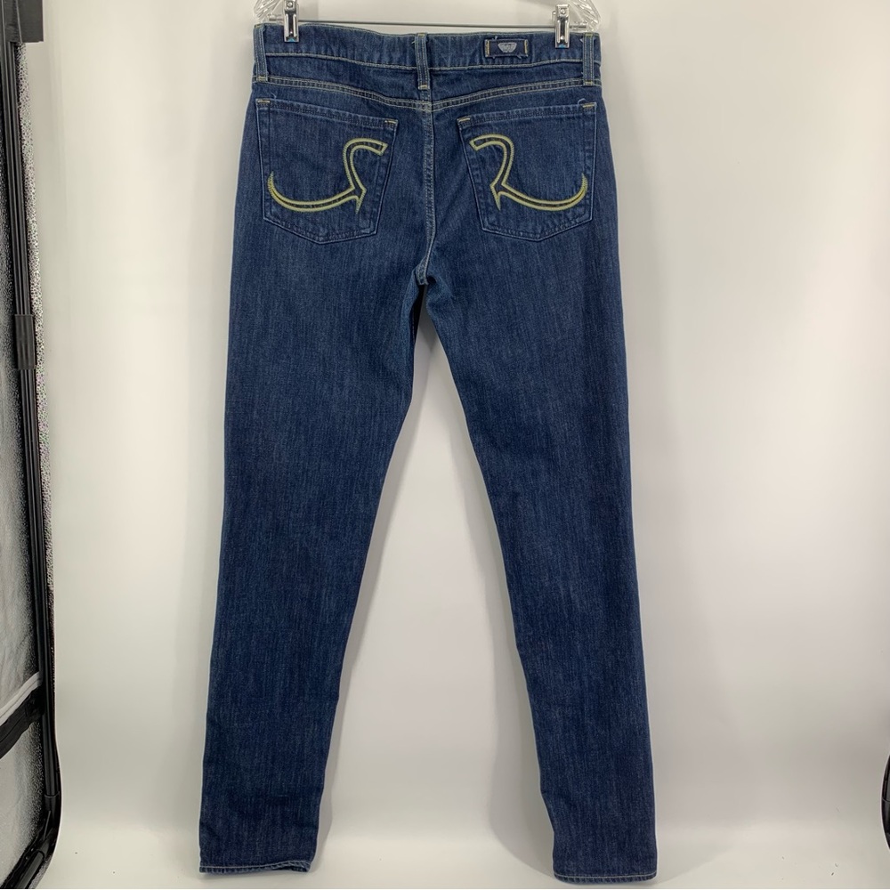 Rock & Republic Stella Jeans 36 X 34 Straight Dark Wash Embroidered Pockets Gold